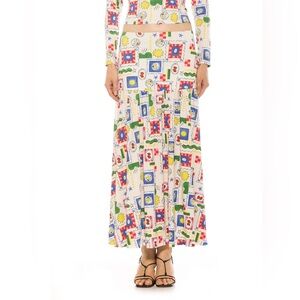 ALEXIA ADMOR Lia Shirred Ivory Multi Postage Stamps Print Maxi Skirt NWT Size XL